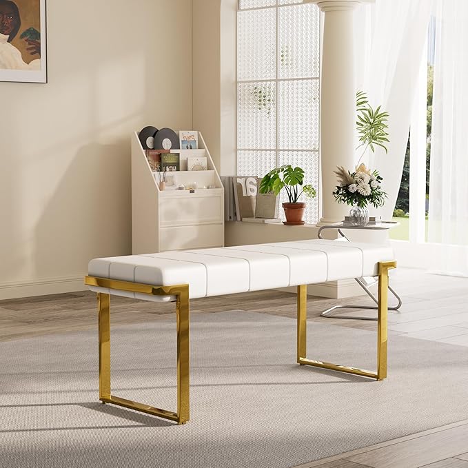 Upholstered Dining Bench, 44.29 Inch Leather Upholstered Bedroom Benches, Entryway Bench for Living Room Kitchen Dining Room(White&Gold)