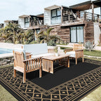 GENIMO Outdoor Rug Waterproof 10'x14' for Patio, Foldable Reversible Plastic Straw Carpet for Travel Trailers, Outside Area Mat for Rv, Deck, Picnic, Porch, Camper, Balcony, Beach, Black & Brown