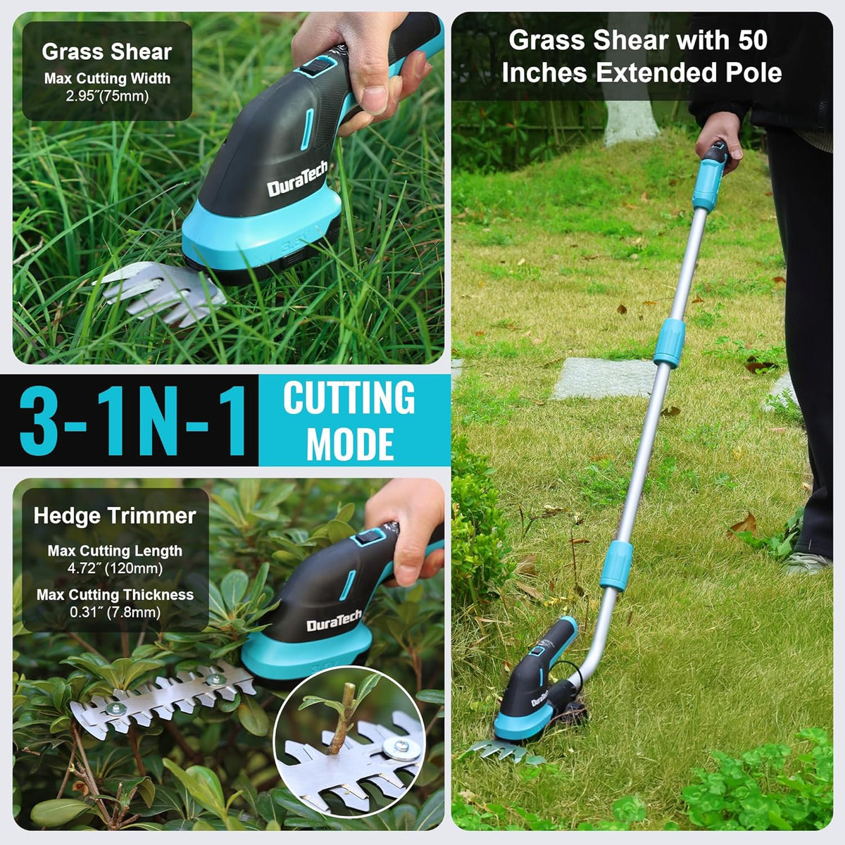 DURATECH Cordless Hedge Trimmer, 3.6V 3-in-1 Handheld Electric Grass Trimmer & Hedge Shears with 50" Wheeled Extension Pole, USB Type-C Cable and Built-in Li-ion Battery, for Garden, Yard and Lawn