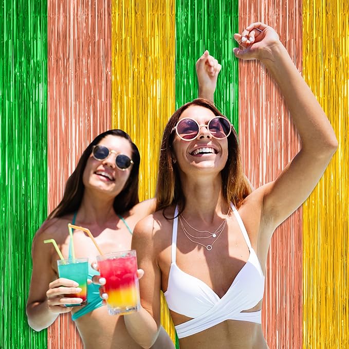 2 Pack Luau Decorations, 3.28 FT x 7.05 FT Summer Party Streamer, Green Brown Yellow Backdrop Tinsel Curtains Fringe Curtains, Metallic Hawaiian Supplies Aloha Party Decor