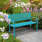 VINGLI 50" Outdoor Bench Metal with Floral Back, Garden Bench Front Porch Benches for Yard Patio Entryway Park, 800lb Capacity - Blue