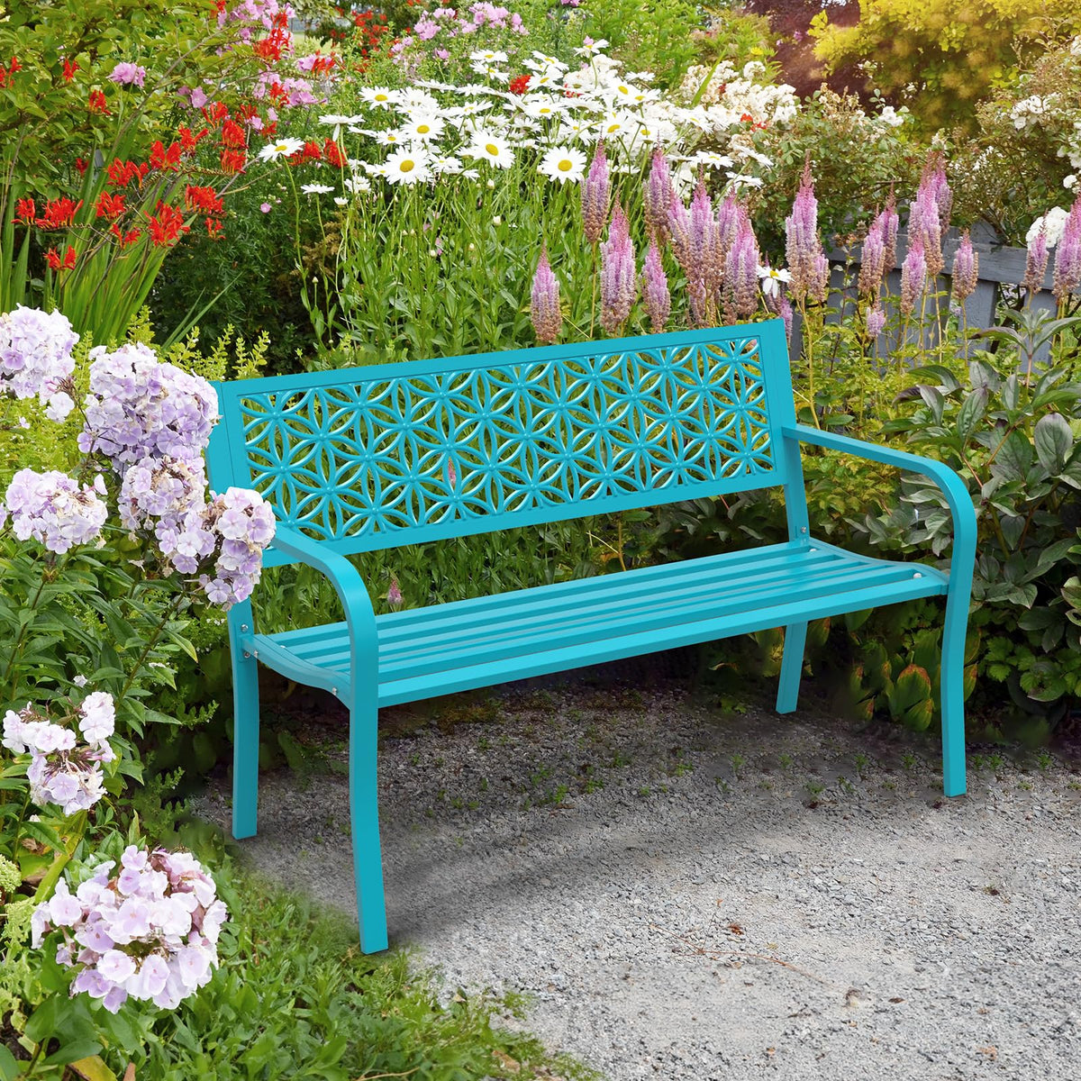 VINGLI 50" Outdoor Bench Metal with Floral Back, Garden Bench Front Porch Benches for Yard Patio Entryway Park, 800lb Capacity - Blue