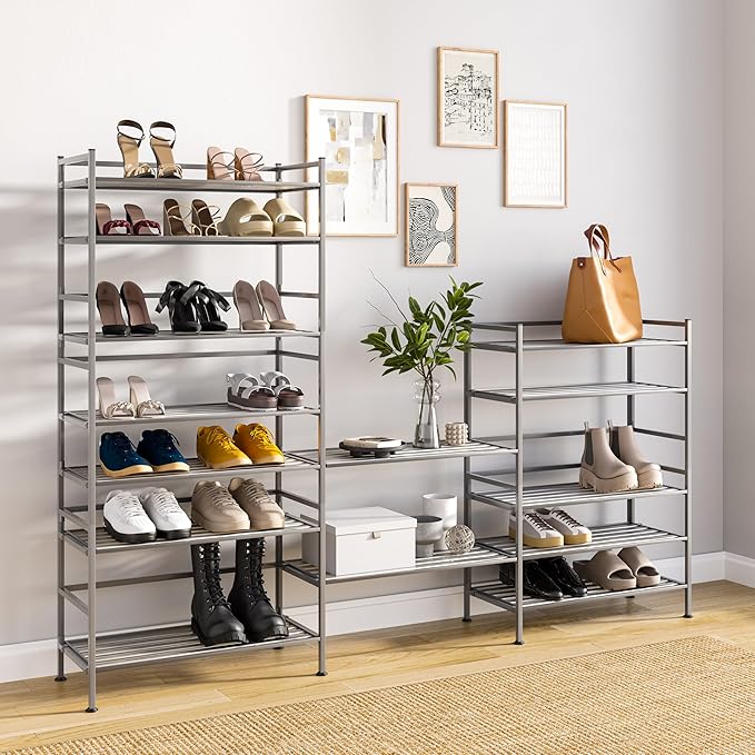 Seville Classics Sturdy Freestanding Storage Shelf for Bedroom, Closet, Entryway, Dorm Room Organizer Stackable Durable Metal Shoe Rack Silver Mist Slat, 3-Tier