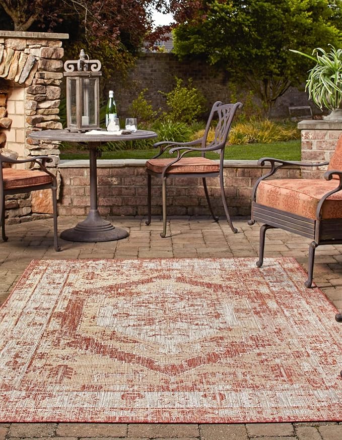 Unique Loom Outdoor Traditional Collection Area Rug - Valeria (9' x 12' Rectangle, Rust Red/ Ivory)