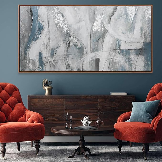 Large Abstract Wall Art For Living Room Hanging Decor Grunge Room Home Wall Decor Silver Blue Canvas Art Wall 29" X 58" With Framed Painting White Wall Art For Bedroom Home Office