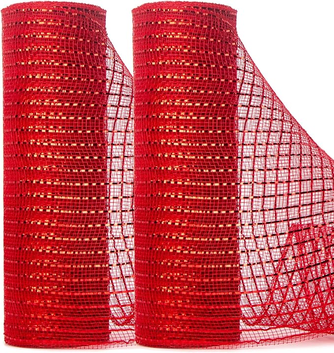 Ribbli 2 Rolls Red Mesh Ribbon,10 inch x 30 feet(10Yard) Each Roll,Metallic Red with Red Wide Foil,Use for Wreaths Swags,Valentine’s Day,Patriotic and Christmas Decoration
