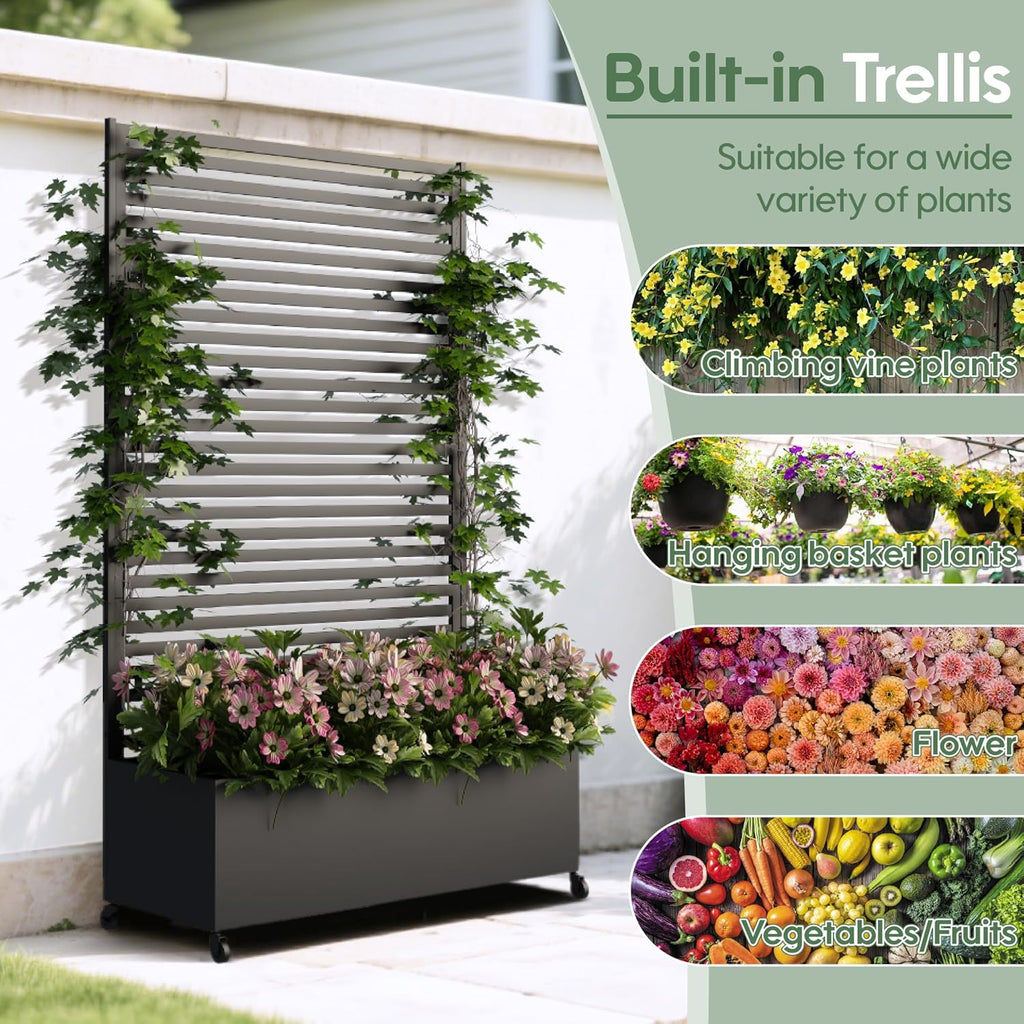 Metal Planter Box with Trellis Privacy Screen, Raised Garden Bed with Trellis & Wheels, Privacy Planters for Patio, Planter Box with Drainage Holes for Climbing Plants, Flower, 73"x 47"x 16", Black