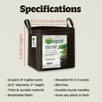 GeoPot 3 Gallon Fabric Grow Bags with Handles for Vegetables, Houseplants, Herbs & Flowers | 10-Pack | Fabric Pots for Outdoors and Indoors, Aerated Fabric Grow Bags
