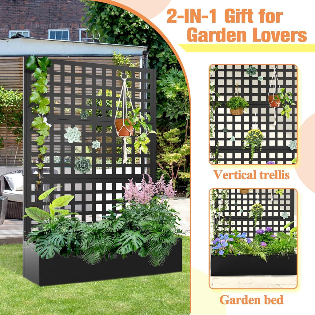 Metal Planter Box with Trellis & Wheels, Raised Garden Bed with Privacy Screen, Outdoor Standing Flower Beds with Drainage Hole for Climbing Plants, Vine, 47" Lx16 Wx71 H