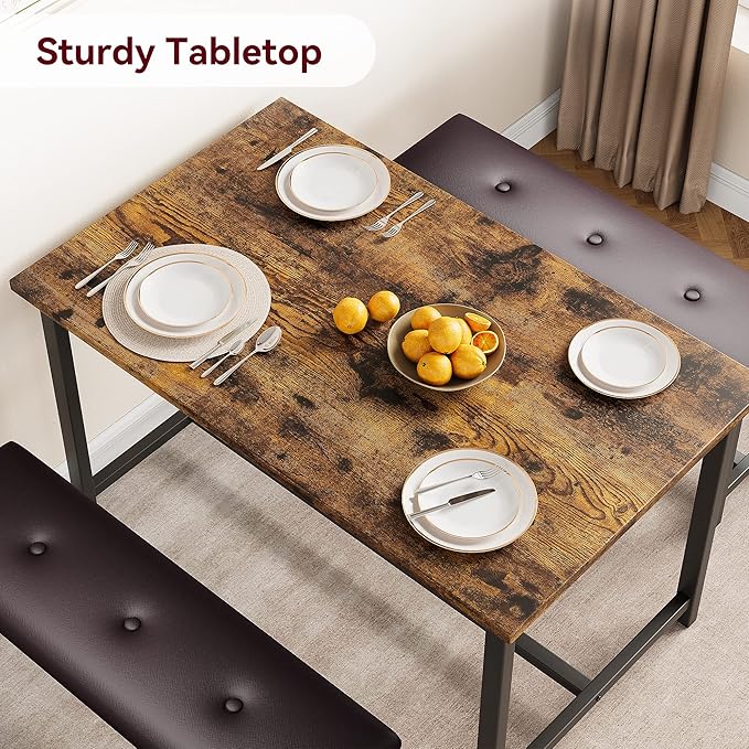Dining Table Set for 4, Dining Room Table Set with 2 Upholstered Benches, Small Kitchen Table Set, 3 Piece Farmhouse Rectangular Dining Room Table Set, Space Saving Dining Table for Apartment