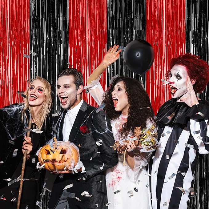 8 Pack Halloween Party Supplies, 3.28 FT x 7.05 FT Red and Black Foil Streamer, Metallic Fringe Curtains Tinsel Backdrop Party Streamer, Hanging Halloween Decorations Casino Party Decor