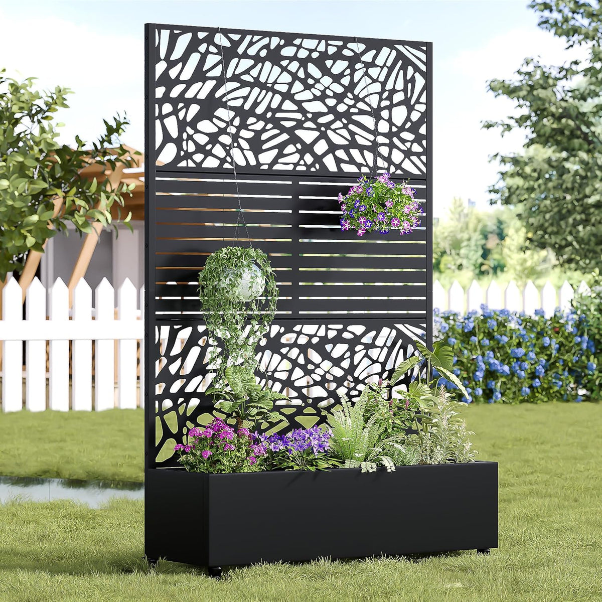 Casaphoria Metal Raised Garden Bed with Trellis and Wheels, 72"x47"x16" Arched Planter Box for Climbing Plants, Vegetables & Vines, Features Drainage Holes and Privacy Screen (Black-Helen&Net)