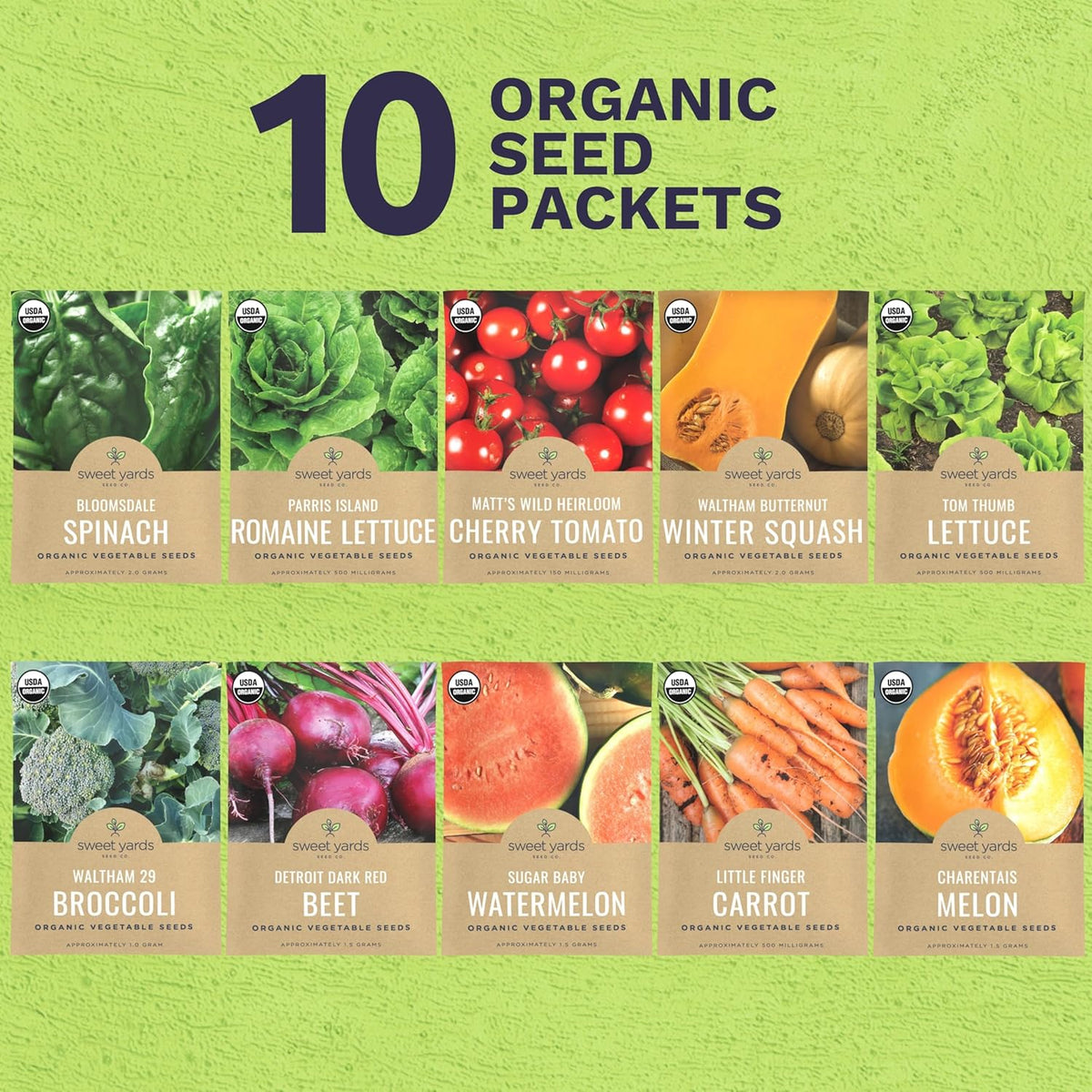 Organic Heirloom Garden Seeds Variety Pack - 10 Individual Packs - 2025 Season - Cherry Tomatoes, Spinach, Squash, Watermelon and More! for Indoor & Outdoor Planting (Non-GMO, Certified Organic)