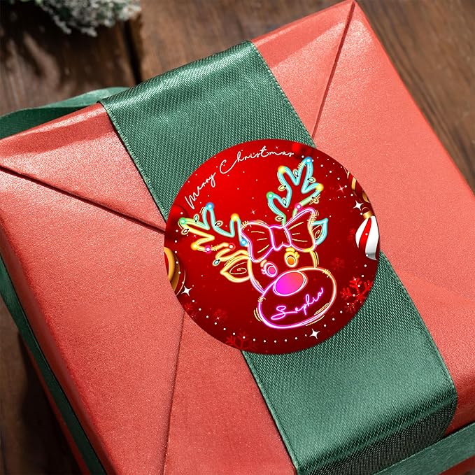Personalized Christmas Stickers - Custom Name Waterproof Christmas Gift Tags for Gift Box Xmas Holiday Decorations Party Favors - 30 Stickers (Neon Reindeer)