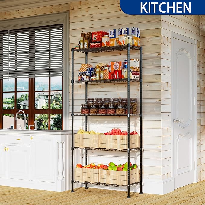 REGILLER 5-Wire Shelving Metal Storage Rack Adjustable Shelves,Standing Storage Shelf Units for Laundry Bathroom Kitchen Pantry Closet(Black,14.1" D x 30" W x 79" H)