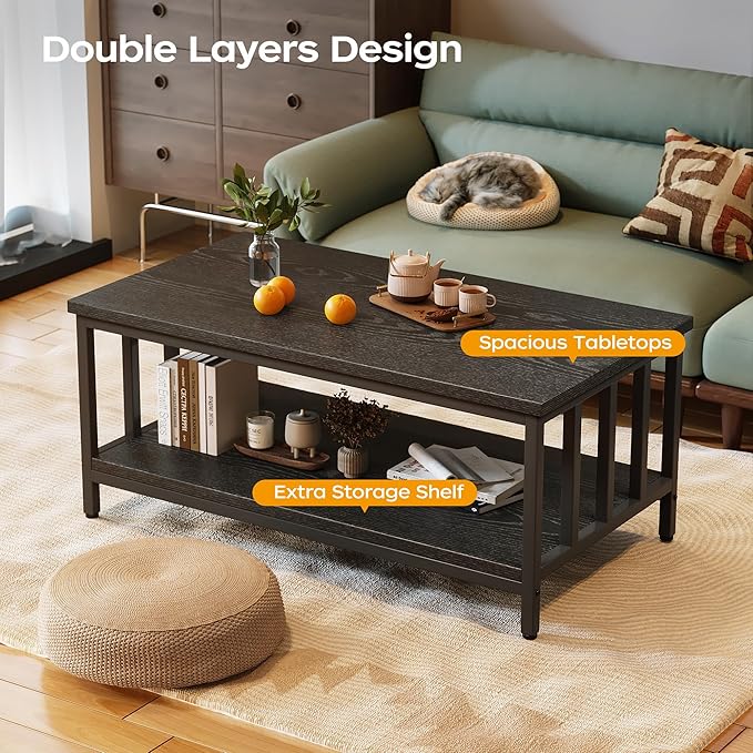Coffee Table for Living Room with Slatted Sides Frame, Modern Farmhouse Living Room Table with 2-Tier Storage Shelf for Home Office, Apartment, 39 inch, Black