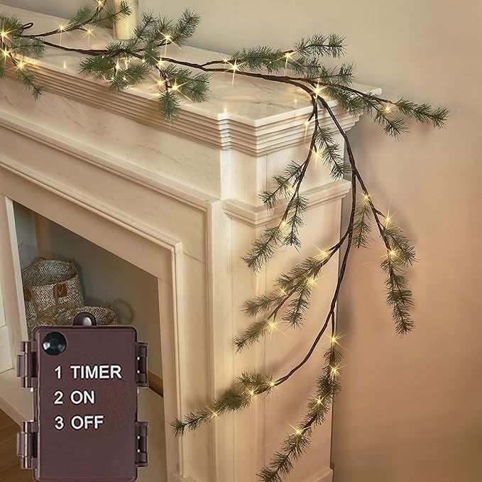 Hairui Lighted Pine Garland Battery Operated with Timer 6FT 48 Lights, Christmas Garland with Lights for Indoor Outdoor Home Holiday Decoration