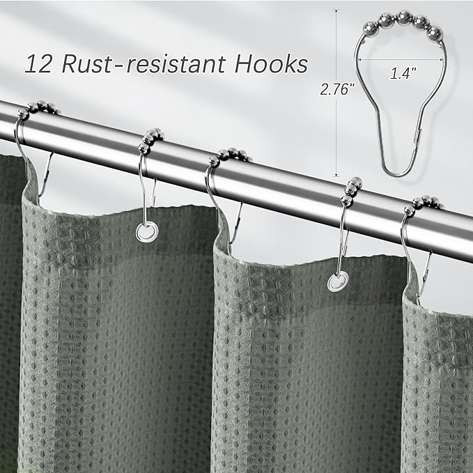 Shower Curtain Gray Waterproof Waffle Weave Fabric, 256GSM Heavy Duty Thick Shower Curtain Set for Bathroom, Hotel Spa Luxury Modern Shower Curtains with 12 Metal Hooks, 72Wx78H Grey