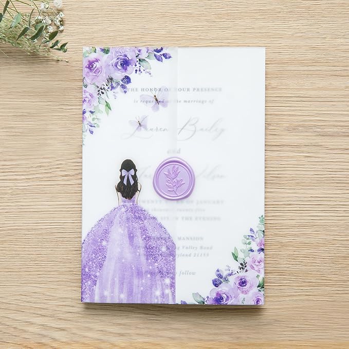 PONATIA 50 PCS Vellum Jackets for 5x7 Invitations - Vellum Paper 5x7 Jackets - 135GSM Purple Girl Flowers Quinceanera Invitation Transparent Wraps (Purple Girl)