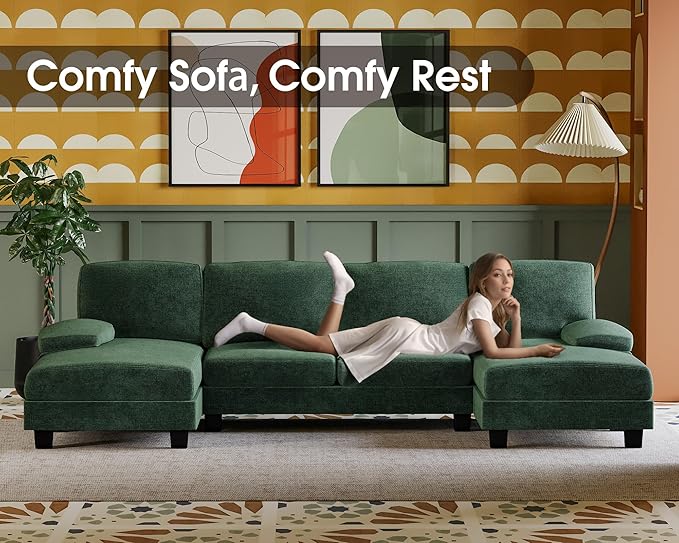 Furmax Sectional Couches for Living Room, U-Shaped Sofa Couch with Linen Fabric, 4 Seat Sofa Set with Double Chaise for Apartment (Fabric, Green)