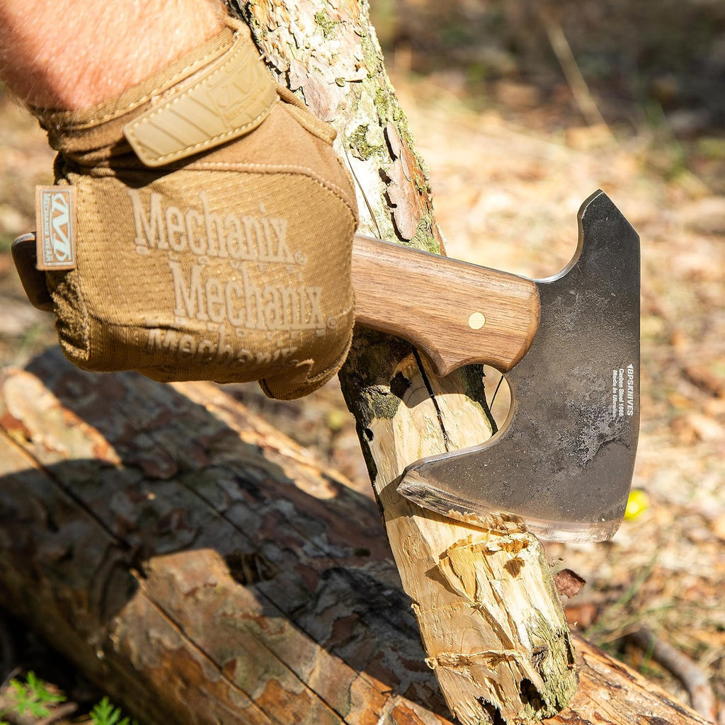 BPS Knives Bushcraft Axe with Leather Sheath - Full Tang Camping Axe - Survival Carbon Steel Hatchet - Small Wood Carving Axe - Camping Axe for Chopping Wood and Gardening
