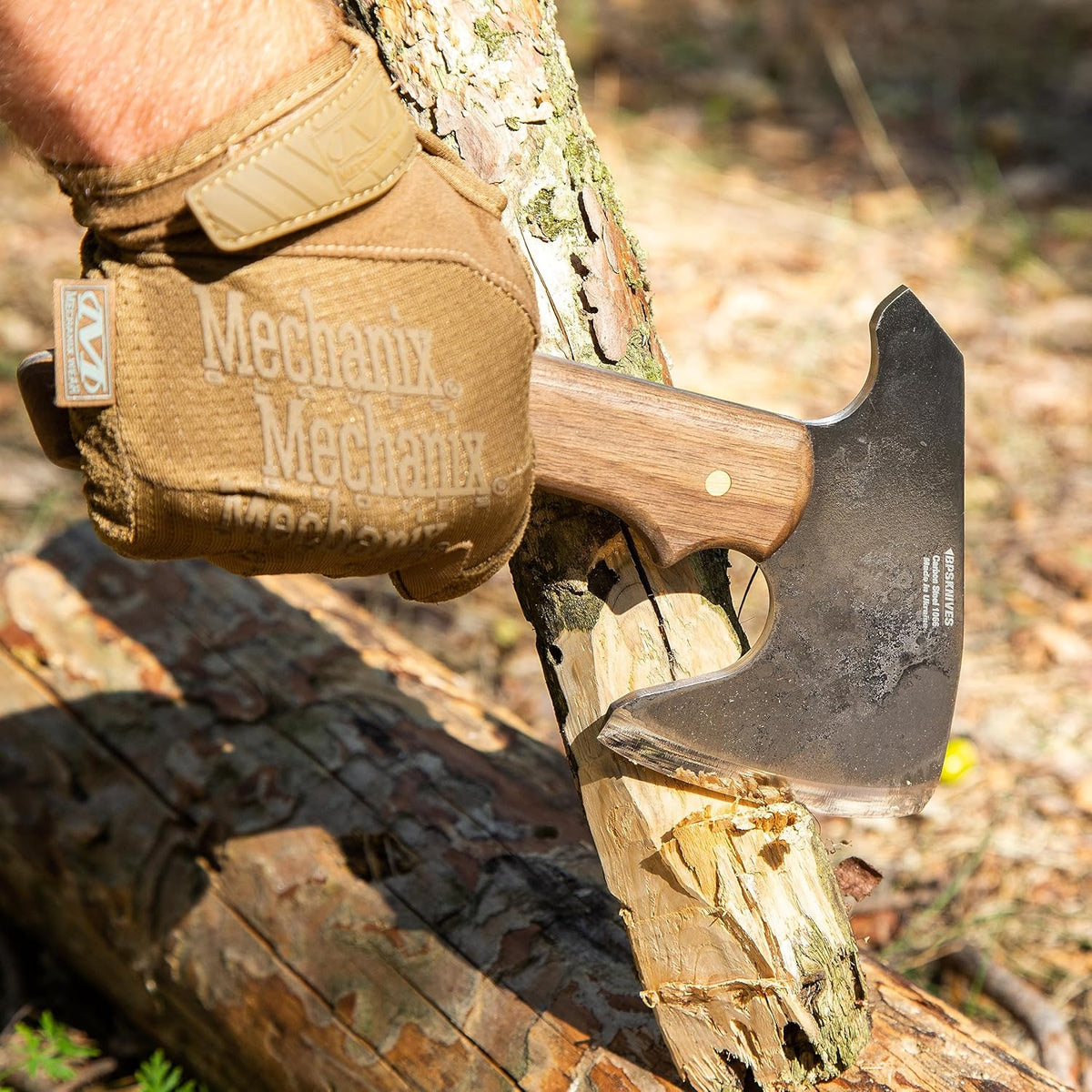 BPS Knives Bushcraft Axe with Leather Sheath - Full Tang Camping Axe - Survival Carbon Steel Hatchet - Small Wood Carving Axe - Camping Axe for Chopping Wood and Gardening