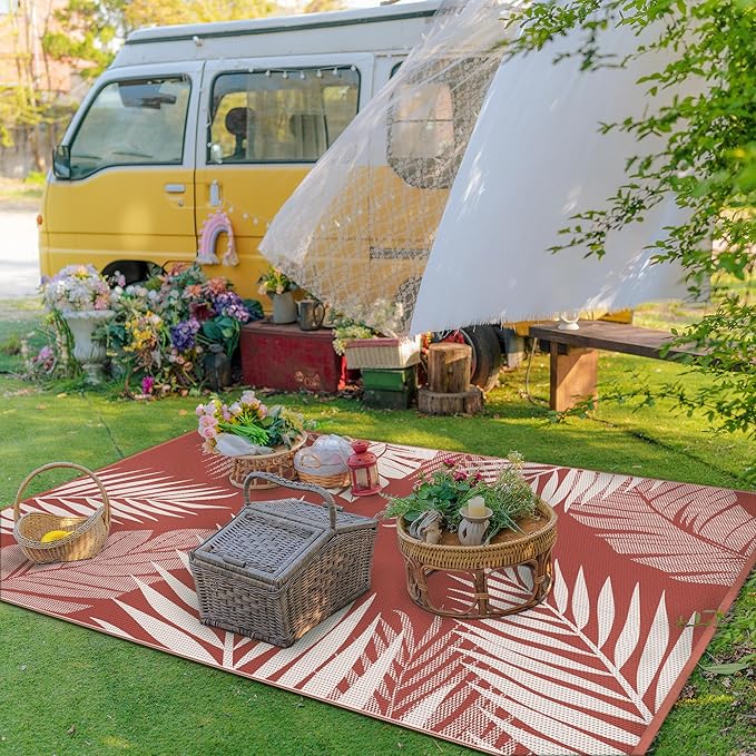 GENIMO Outdoor Rug 6' x 9' Waterproof for Patios Clearance, Reversible Plastic Straw Camping Carpet, Large Area Rugs Mats for RV, Picnic, Backyard, Deck, Balcony, Porch, Beach, Brick&Red