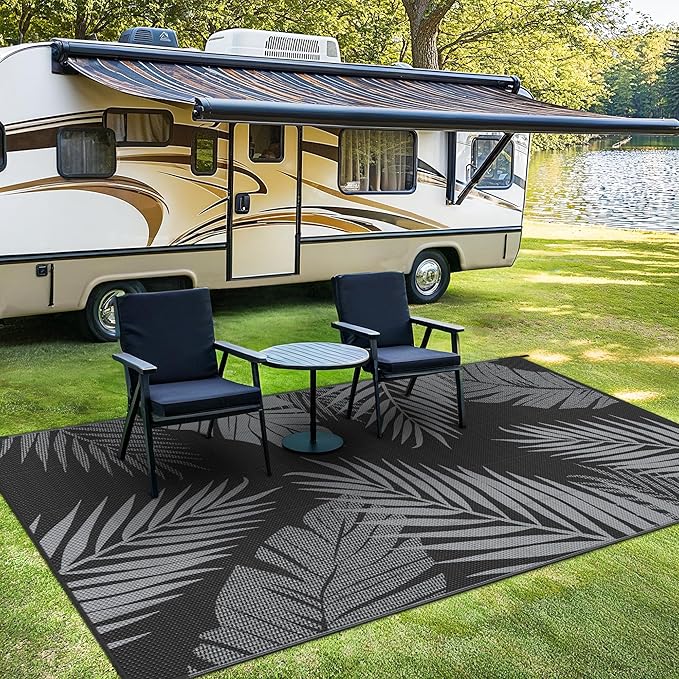 Outdoor Rug 9’x12’ Waterproof for Patio Clearance, Reversible Indoor Outdoor Plastic Straw Camping Rug Carpet, RV Mat, Large Area Rug for Deck, Backyard, Balcony, Porch, Beach, Black & Grey