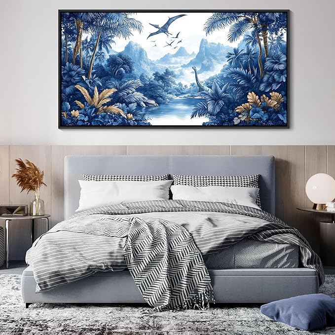 HKDGOKA Vintage Framed Wall Art - Large Landscape Wall Painting Jurassic era dinosaurs Black and White Canvas Print Artwork for Boy Bedroom Living Room Classroom Cool Modern Decor 29x58 IN