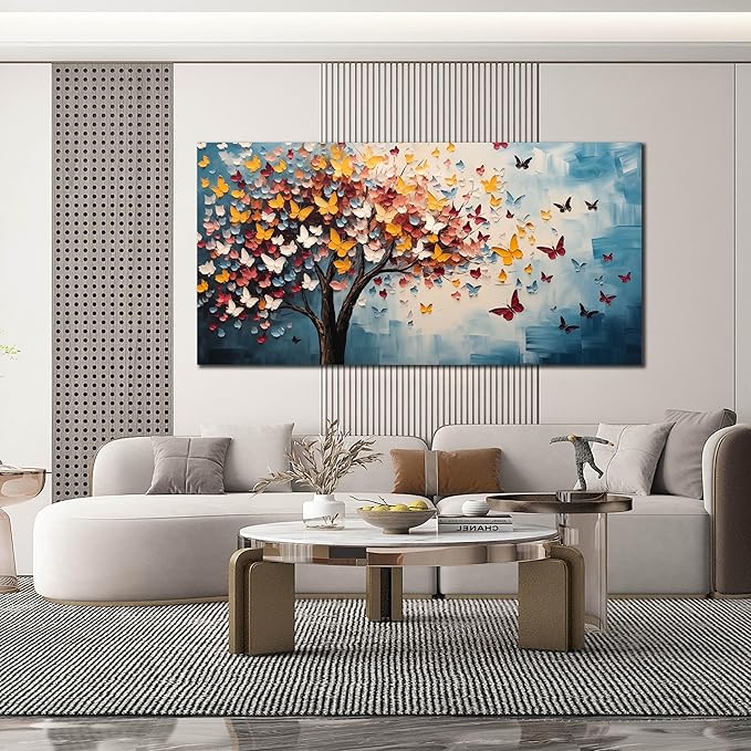 Butterfly Tree Canvas Wall Art for Living Room Bedroom Home Office Blue Colorful Tree of Life Wall Art Modern Large Framed Canvas Prints Size 29x59