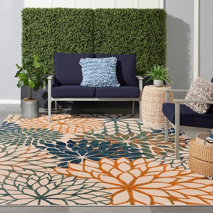 Nourison Home Aloha Indoor/Outdoor Blue Green 9' x 12' Area Rug, Easy Cleaning, Non Shedding, Bed Room, Living Room, Dining Room, Backyard, Deck, Patio (9x12)