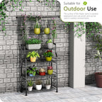 GIOTORENT Plant Stand Indoor Outdoor, 4-Tier Heavy Duty Metal Shelves, Display up to 17 Multiple Plants, Tall Plant Holder with Plant Hanger, Suit for Patio Living Room Garden Balcony, 5 Hooks, Black