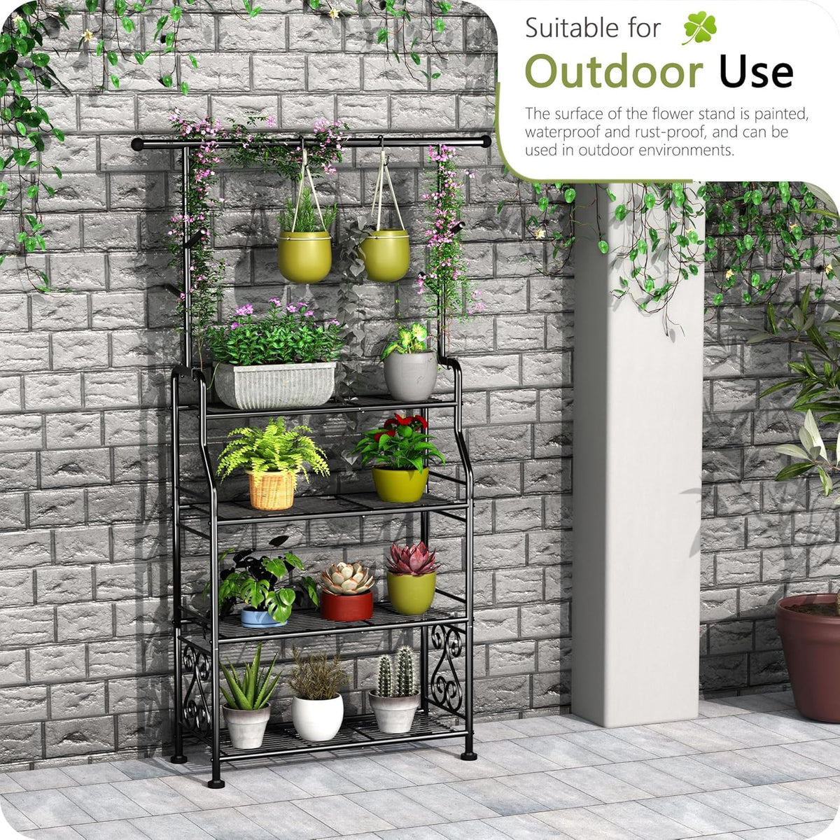 GIOTORENT Plant Stand Indoor Outdoor, 4-Tier Heavy Duty Metal Shelves, Display up to 17 Multiple Plants, Tall Plant Holder with Plant Hanger, Suit for Patio Living Room Garden Balcony, 5 Hooks, Black