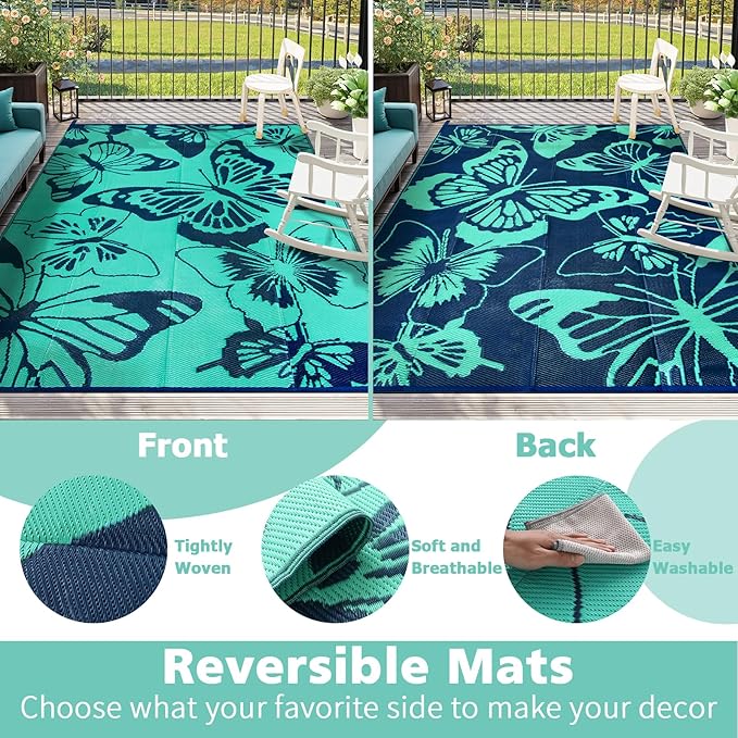 Beeiva Butterfly 6x9 Outdoor Rugs for Patios, Reversible Plastic Patio Rugs Outdoor Waterproof 6 x 9, Outdoor Rug Waterproof for Picnic Backyard Balcony Porch Beach Camping Deck - Teal