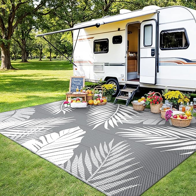 Outdoor Rug 8’x10’ Waterproof for Patio Clearance, Reversible Indoor Outdoor Plastic Straw Camping Rug Carpet, RV Mat, Large Area Rug for Deck, Backyard, Balcony, Porch, Beach, Grey & White