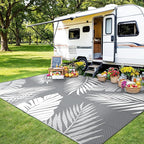 Outdoor Rug 8’x10’ Waterproof for Patio Clearance, Reversible Indoor Outdoor Plastic Straw Camping Rug Carpet, RV Mat, Large Area Rug for Deck, Backyard, Balcony, Porch, Beach, Grey & White