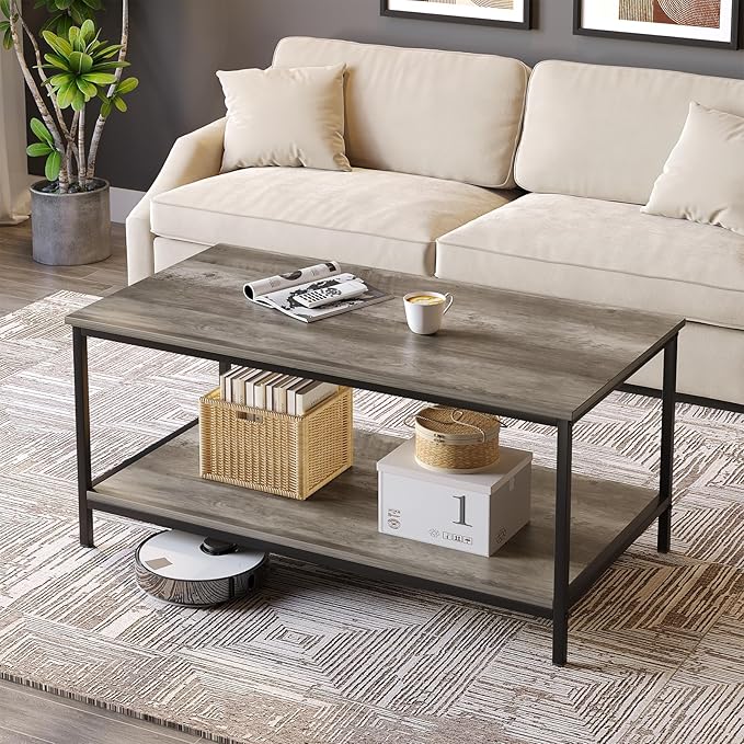 SAYGOER 2-Tier Coffee Table for Living Room Farmhouse Style Center Table with Storage Shelf Rectangle Wood Table for Large or Small Spaces Apartment Home Office, Easy Assembly Gray Wash