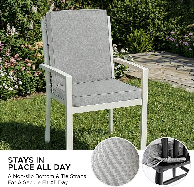 Outdoor Chair Cushions, Water-Resistant & Fade-Resistant, Patio Furniture Lawn Dining Chair Seat Replacement with Mid Back, Ties Zipper, Removable Cover, 18 x 16.5 Inch, Set of 4, Light Grey