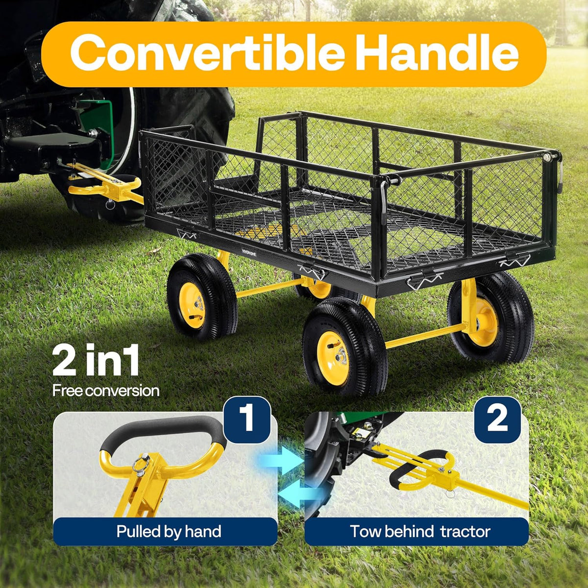VIVOHOME Garden Cart Steel Heavy Duty 900 LBS Yard and Garden Wagon with 10 inch Tire and Handle Attach to ATV or Tractor Black