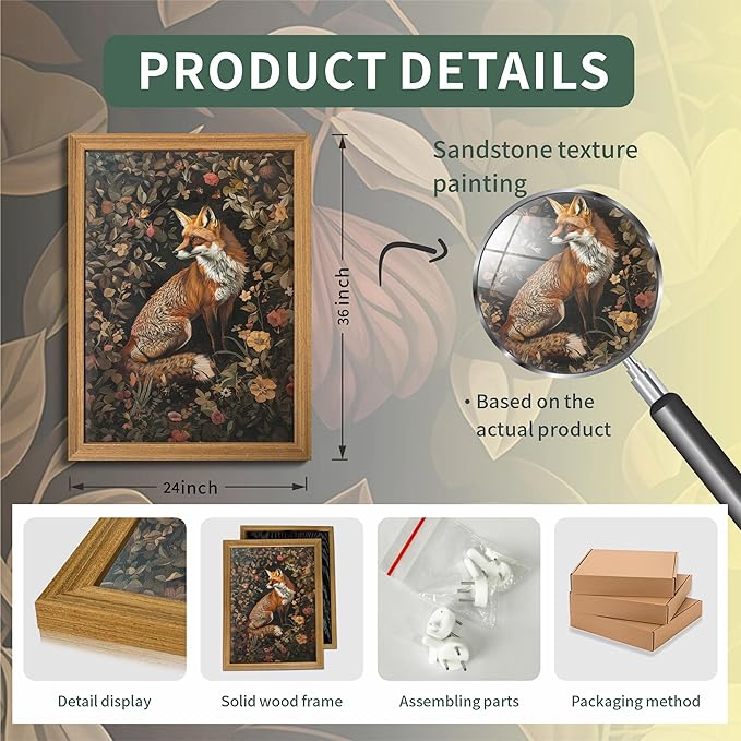 Framed 3D Textured Vintage Wall Art - Dark Academia Decor Hand Drawn Sandstone Fox Paintings with Botanical Florals, Aesthetic Wall Decor for Living Room Bedroom Home 24x36 inch