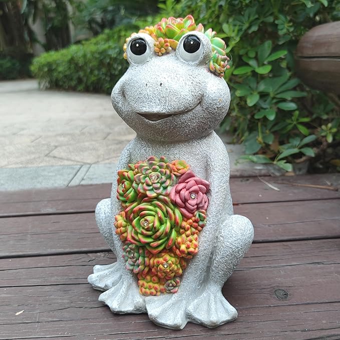 Large Frog Solar Garden Outdoor Statues with Succulent and 8 LED Lights,Outside Solar Frog Art Decor for Lawn,Yard, Balcony Ornament