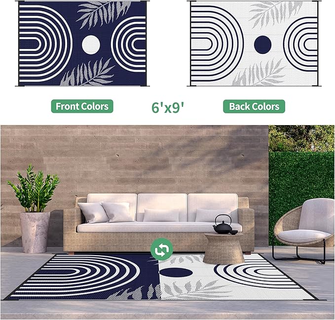 GENIMO Outdoor Rug 6' x 9' Waterproof for Patio Clearance, Reversible Lightweight Plastic Straw Camping Carpet, Large Area Rugs Mats for Rv, Backyard, Deck, Porch, Picnic, Balcony, Mix-Blue & White