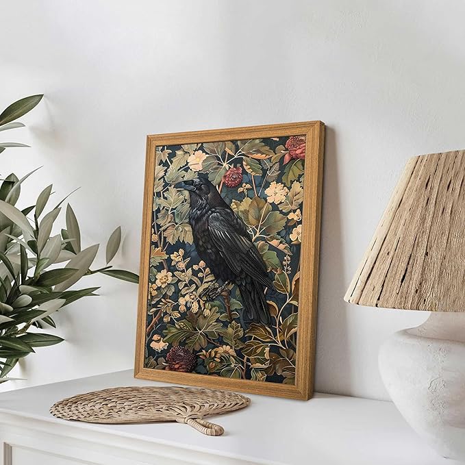 Framed 3D Textured Vintage Wall Art - Dark Academia Decor Hand Drawn Sandstone Black Crow Paintings with Botanical Florals, Aesthetic Wall Decor for Living Room Bedroom Home 8x10 inch