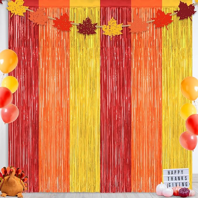 2 Pack Thanksgiving Backdrop, 3.28 FT x 7.05 FT Red Orange Gold Party Streamer, Metallic Fringe Curtains Foil Streamer Tinsel Backdrop, Thanksgiving Party Decorations Photo Props Wall Decor