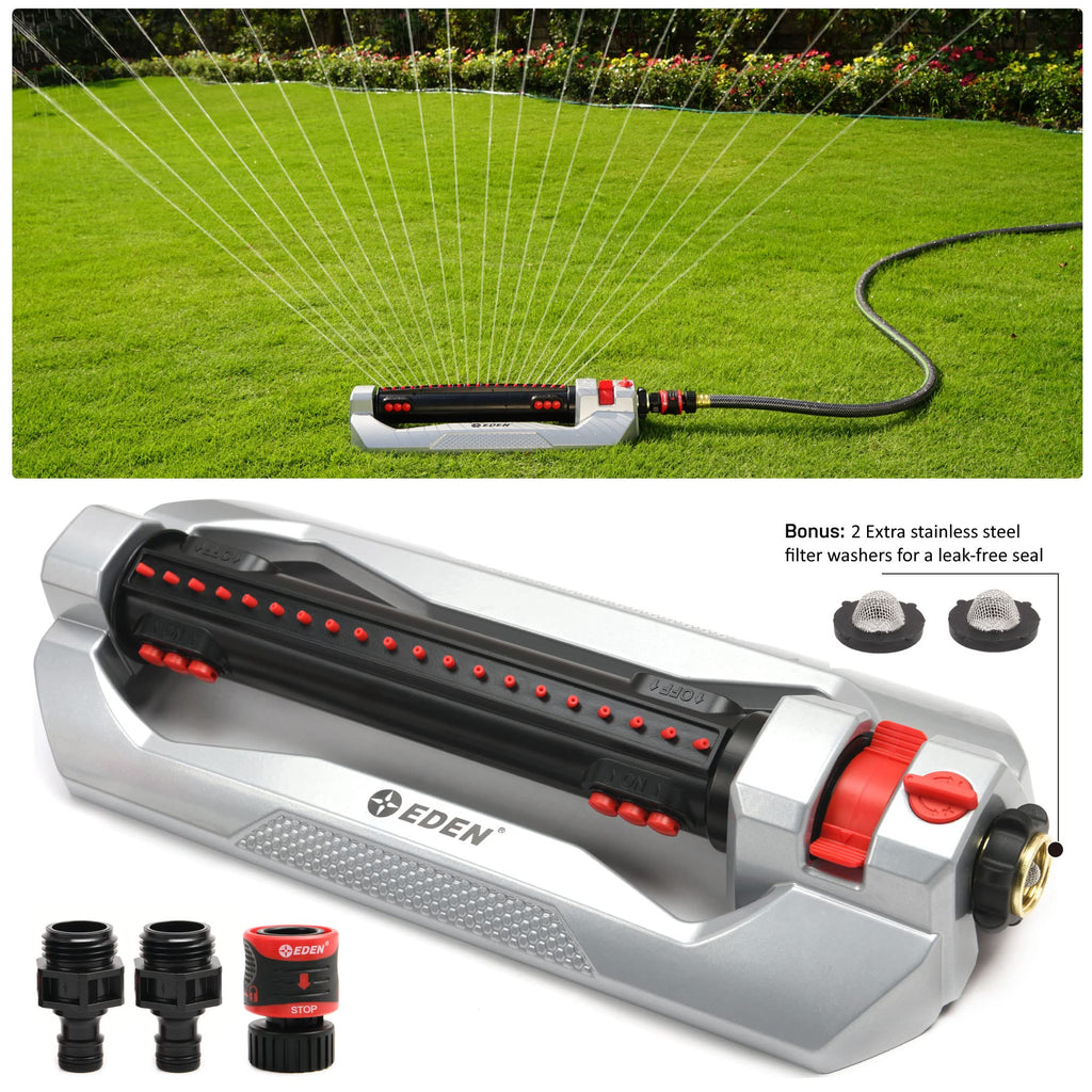 Eden 96216 Heavy Duty Turbo Oscillating Sprinkler, Covers Up to 4,900 sq. ft., 20 Precision Nozzles, Aluminum Base, Flow and Width Control, Adjustable Range, Quick Connects, Filters