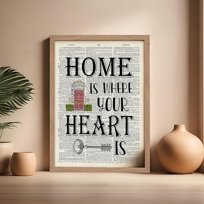 Poster Master Dictionary Art Poster - Home Is Where Your Heart Is Print - Motivational Art - Gift for Men & Women - Inspiring Wall Decor for Dorm, Bedroom or Living Room, 16x20 Beige Framed