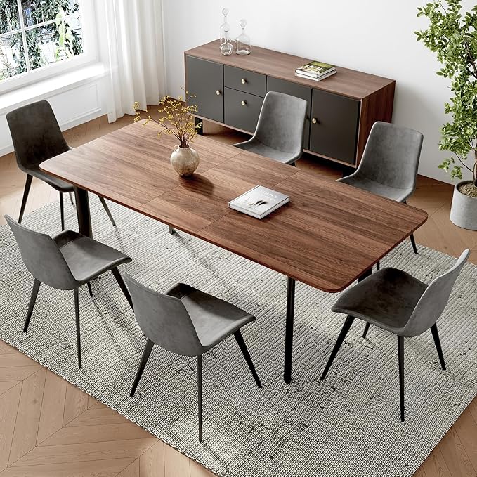 63"- 78.7" Extendable Dining Table Set for 6, Modern Kitchen Table with 6 PU Leather Chairs, Thickened Expandable MDF Wooden Table with Metal Legs for Dining Room, Kitchen, Living Room
