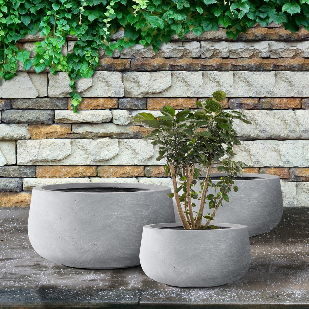 Kante 19.6",15.7",11.8" Dia Round Concrete Planters Set of 3, Cement Plant Pots with Drainage Hole and Rubber Plug for Outdoor Indoor Garden Home, Modern Curvaceous Design, Gray