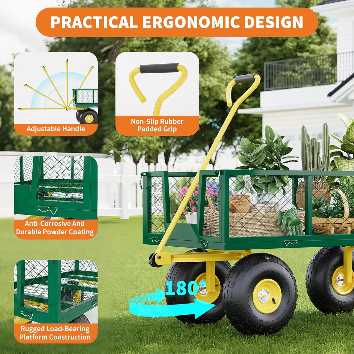 900 Lbs Garden Wagon, 2-in-1 Heavy-Duty Steel Garden Cart, with 10 Inch All-Terrain Tires and Removable Mesh Side Panels, 180° Rotating Handle, Metal Utility Yard Trailer, Outdoor Gardens Wagon Cart