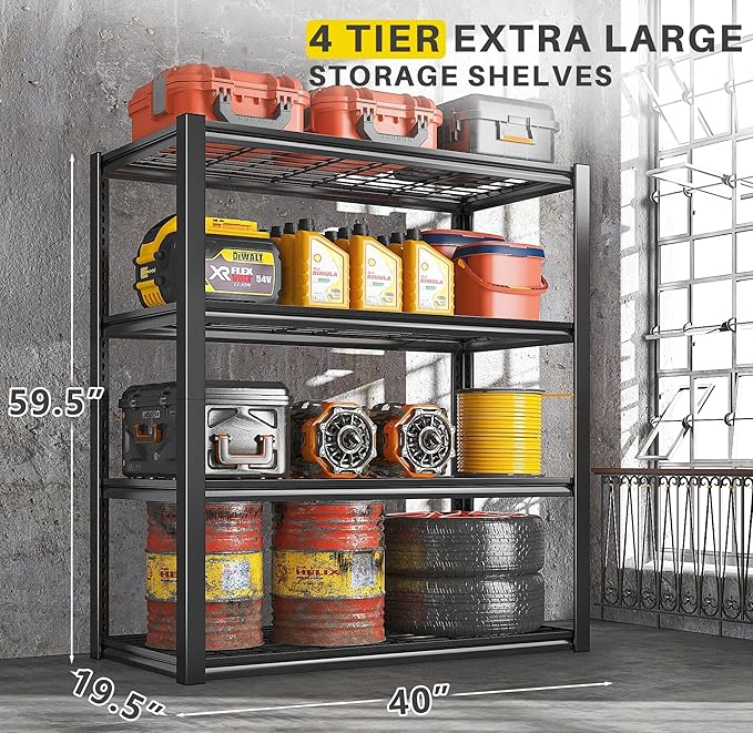 REIBII 40" W Garage Shelving 2240 LBS Storage Shelves Adjustable Heavy Duty Shelving 4 Tier Metal Shelves for Storage 59.5"H Metal Shelf for Pantry Basement Warehouse 40"W × 19.5"D × 59.5"H, 3 Pack